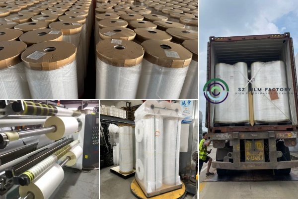 BOPP Film Manufacture: Extrusion, Stretching, and Finishing Illustration of the final BOPP film production stage showing aging for stress relief, large rolls being slit into required widths, final inspection, and packaging for shipment to customers.