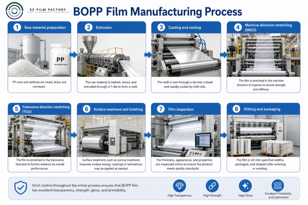 BOPP Film Manufacture: Extrusion, Stretching, and Finishing Infographic of the complete BOPP film production process showing eight sequential stages: 1. Raw material preparation, 2. Extrusion, 3. Casting and cooling, 4. Machine direction stretching (MDO), 5. Transverse direction stretching (TDO), 6. Surface treatment and finishing, 7. Film inspection, and 8. Slitting and packaging.