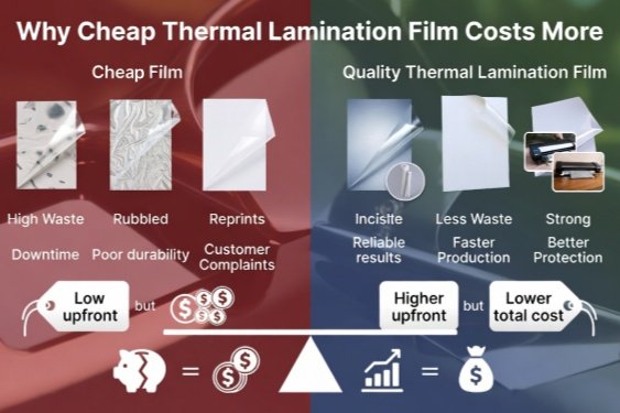 Why Cheap Thermal Lamination Film Costs More The picture compares the coating effects of the two types of films and points out that the cheaper film may lead to higher costs.