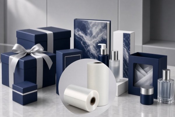 BOPP Anti-Scratch Film: UV Coating Principles & Uses Anti-scratch BOPP film application showcase featuring premium packaging, cosmetics packaging, gift boxes, book covers, printed cartons, luxury product packaging and retail displays, all with pristine scratch-resistant surfaces.