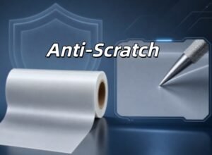 BOPP Anti-Scratch Film: UV Coating Principles & Uses Left-right contrast composition. On the left is the ordinary BOPP film with obvious white scratches left by metal tools; on the right is the anti-scuff BOPP film that was also scraped but its surface remained intact. In the middle is a roll of the matte anti-scuff film, with a clean and textured surface.