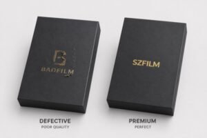 Post-Lamination Foil Stamping Failure: A BOPP Film Case Study Side-by-side comparison of phone boxes: left shows failed foil stamping on standard BOPP film, right shows perfect foil adhesion on SZ Film Factory premium BOPP film