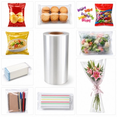 BOPP Film Types Explained: Plain, Coated, Treated, Heat-Sealable and More Heat Sealable BOPP film applications showcase with central film roll surrounded by framed packages of snacks, biscuits, candy, instant noodles, frozen food, tissue, flower sleeves, stationery and straws