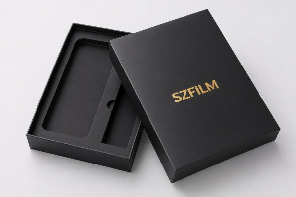 Post-Lamination Foil Stamping Failure: A BOPP Film Case Study High-quality soft-touch BOPP film from SZ Film Factory on phone box packaging with sharp, durable gold foil logo and smooth surface