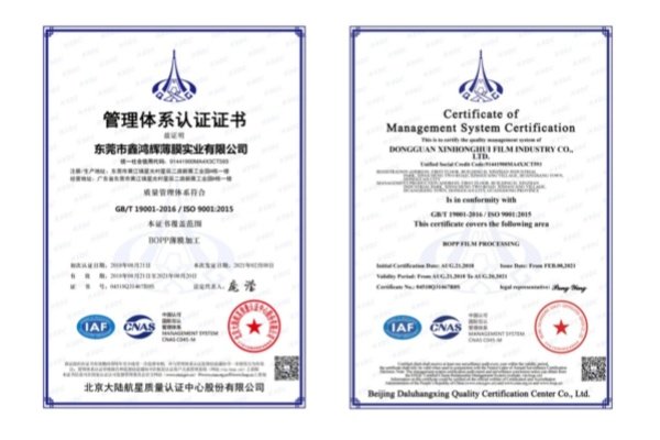 Certifications & Compliance Official ISO 9001 certification verifying quality control management for BOPP and PET packaging film manufacturing.