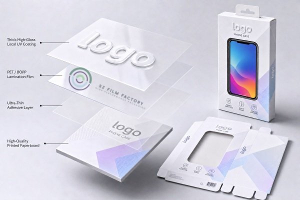 Post-Lamination Foil Stamping Failure: A BOPP Film Case Study Cross-section diagram of phone packaging box structure: innermost printed paperboard, thin adhesive layer, full-surface BOPP tactile or anti-scratch film, and outermost local UV varnish on logo areas