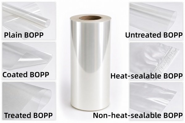 BOPP Film Types Explained: Plain, Coated, Treated, Heat-Sealable and More BOPP film classification guide showing six framed samples of plain, coated, treated, untreated, heat-sealable and non-heat-sealable BOPP films around a central film roll