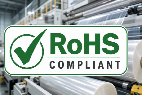 Certifications & Compliance Eco-friendly and sustainable film certification graphic featuring ISCC PLUS, GRS recycled standard, EU REACH, and RoHS compliance for rPET and BOPP films.