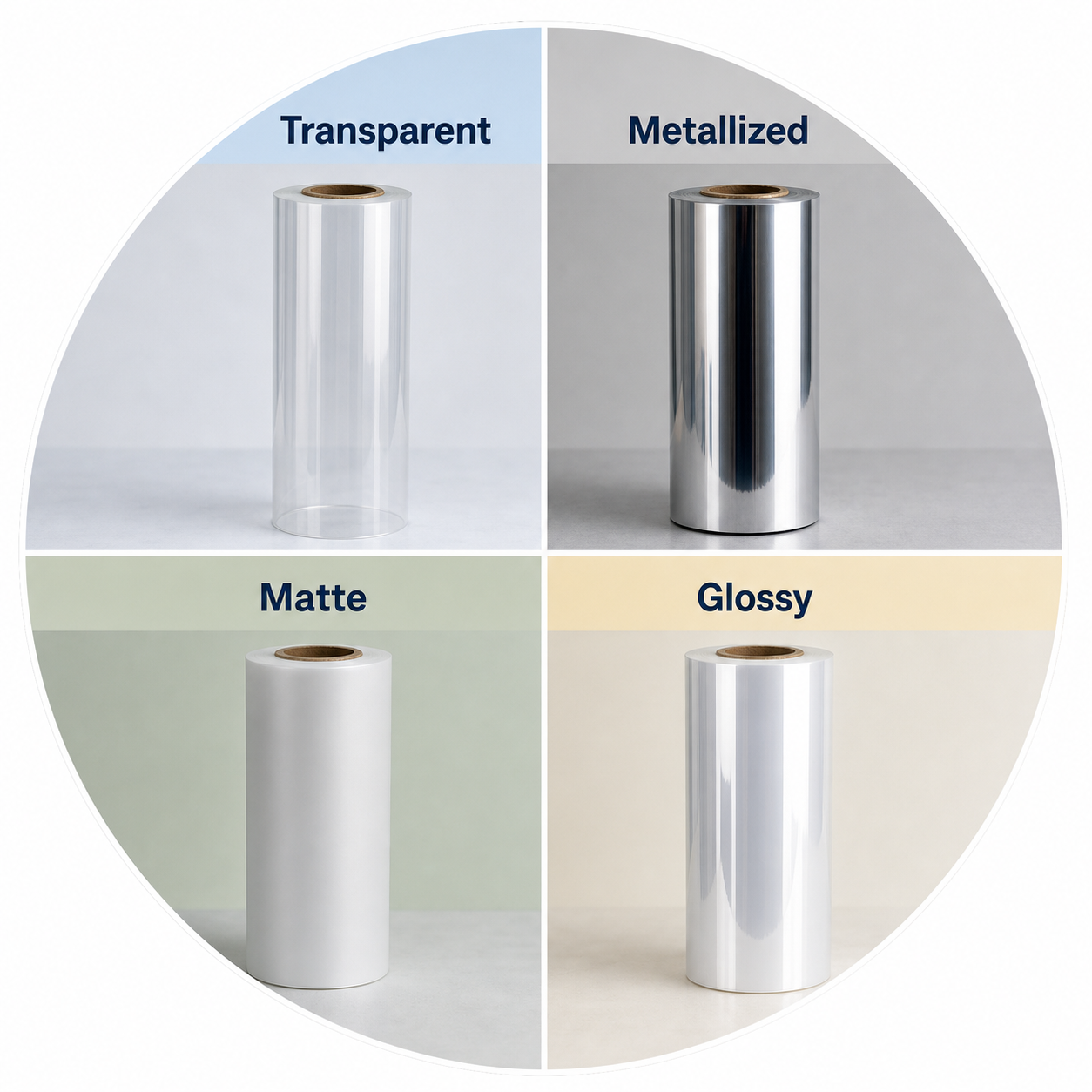 Four plastic film rolls comparison: transparent clear film, metallized silver reflective film, matte white film, and glossy high-shine film